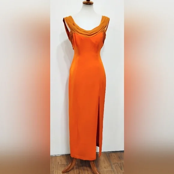 VINTAGE TANGERINE AND PUMPKIN SILK EVENING GOWN - Picture 9 of 15